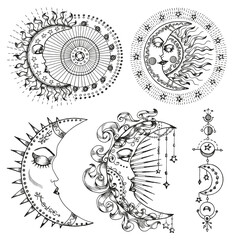 Black and white design set with fantasy mystic symbols and signs of sun and moon isolated on white background. Celestial hand drawn vector illustrations with esoteric, occult and gothic concept