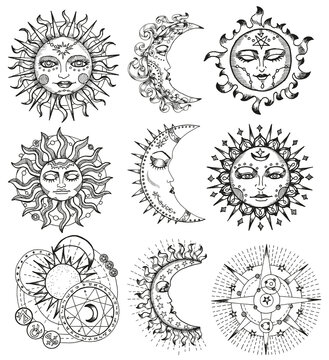 Black and white design set with fantasy mystic symbols and signs of sun and moon isolated on white background. Celestial hand drawn vector illustrations with esoteric, occult and gothic concept