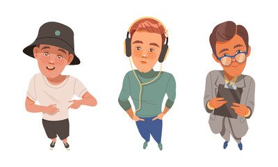 Set of young people looking up. View from above of teenage boy students cartoon vector illustration