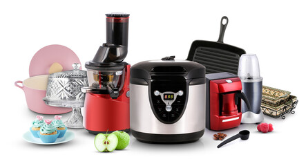 kitchen appliances. Blender, coffee machine, pressure cooker, pan, pot and slow juicer isolated on...