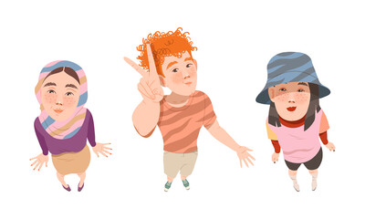 Set of young people looking up. View from above of teenage boy and girl cartoon vector illustration