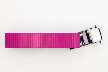 Semi trailer truck lorry container cargo vehicle on white background, View from above, Aerial top...