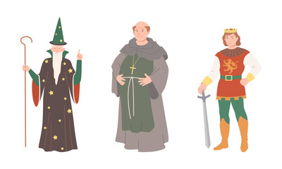 Obraz premium Heroes of fairy tales set. Wizard, prince and monk cartoon vector illustration
