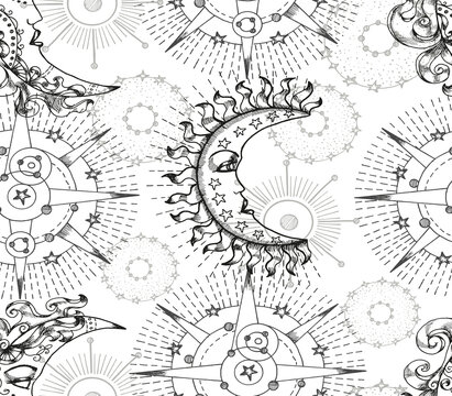 Celestial seamless pattern with fantasy mystic symbols and signs of sun and moon. Hand drawn vector illustrations with esoteric, occult and gothic concept