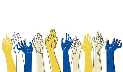 Banner with human hands close up. Drawing in yellow and blue colors of the Ukrainian flag. Support Ukraine. Pray for Peace.