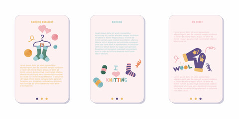 Set of three mobile screens for an app. Concept of handmade workshop and leisure time. Advertisement and web banners. Vector illustration