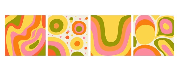 Fototapeta premium Asbstract background set. Square retro style backdrop, hippie poster, Orange pink and yellow colors, paint blobs, scribble summer social media posts temlpate, vintage banner, vector illustration