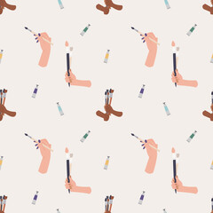 Seamless pattern of art supplies for craft design and creativity. Background, backdrop, texture with art tools for handmade workshop, art school, art shop. Ready for print, posters