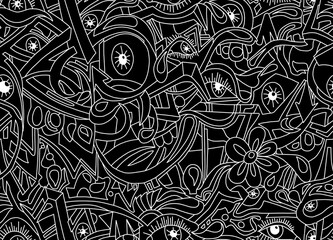 Black and white cartoon pattern on a black background, abstract design, seamless background.	