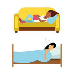 Young women sleeping set. Girls lying under blanket in bed asleep at night and relaxing on sofa cartoon vector illustration