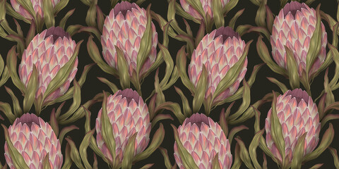 Exotic seamless pattern. Tropical floral wallpaper. Dark background, pink proteus flowers. Hand drawn realistic drawing 3d illustration for fabrics, clothes, goods, websites, blogs