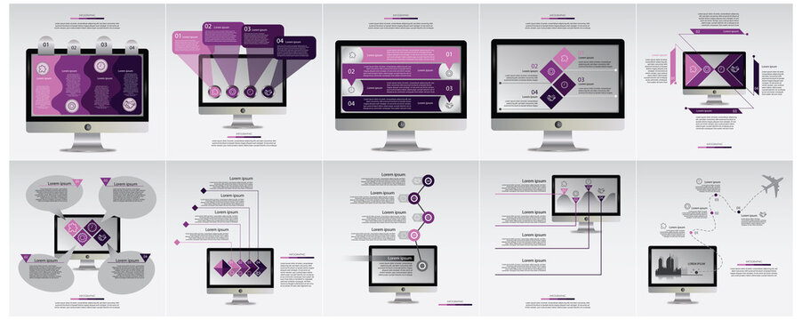 Set of infographic elements data visualization vector design template on Monitor