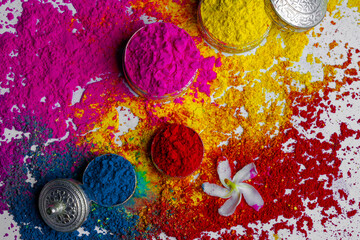 Organic Gulal colors in silver bowl for Holi festival