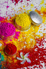 Organic Gulal colors in silver bowl for Holi festival
