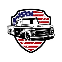 Monochrome illustration of classic retro style truck with flag. Isolated on white.