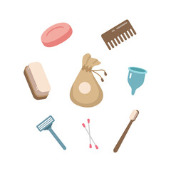 Zero waste concept. Set of ecological personal hygiene items - wooden toothbrush, comb, brush, menstrual cup, solid soap, cotton bag, ear sticks. Vector illustration in cartoon style