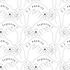 Pinky promise. Seamless pattern outline of hands with text together. Vector illustration of a couple swearing on a white background. Trend lines.