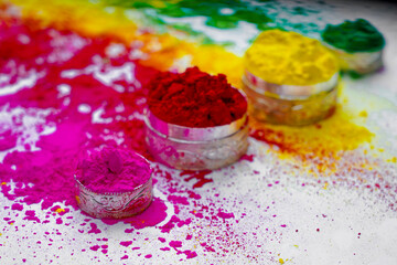 Organic Gulal colors in silver bowl for Holi festival
