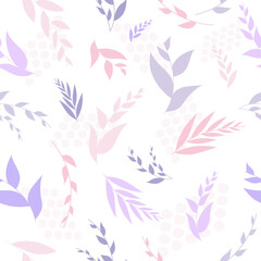 Fototapeta na wymiar Seamless vector pattern with pink leaves. Pattern with minimal modern leaves. Doodle Leaves art. Botanical vector pattern.
