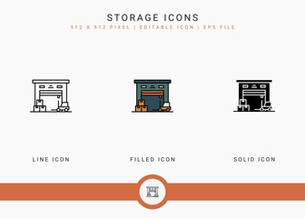 Storage icons set vector illustration with solid icon line style. Delivery service concept. Editable stroke icon on isolated background for web design, user interface, and mobile app