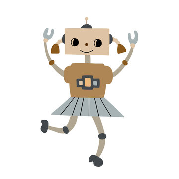 Cute happy funny cartoon robot dancing. flat vector illustration isolated on white background.