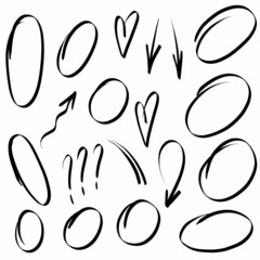 Highlight oval frame, arrow and check mark. Hand drawn scribble doodle circle set. Ovals and ellipses line template. Stock vector illustration isolated on white background.