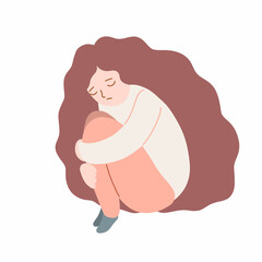 Sad lonely depressive person in the fetal position. Resentment, mental disorder, stress. Headache and migraine. Hopelessness and despair. Stock vector cartoon illustration on a white background.