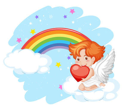 Angel boy holding a heart and sitting on the cloud with rainbow