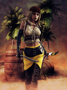 Fantasy scene with a pirate girl with swords standing by a barrel of gunpowder. 3D render - the woman in the image is a 3D object. 