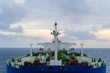 View along the deck of an oil tanker, above the central pipelines
