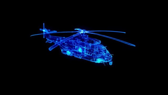 Military helicopter in Motion. 3D Animation on a black background with a seamless loop for futuristics projects.