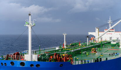 Fototapeta premium View along the deck of an oil tanker, above the central pipelines