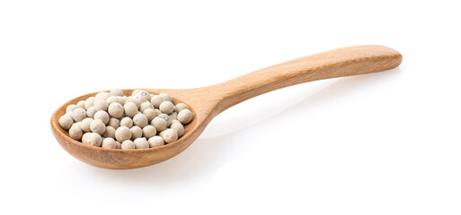 peppercorn in wood spoon isolated on white