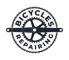 Vector black template circular logo emblem bicycle repair. Symbol of cranks with a chain. Isolated on white background.