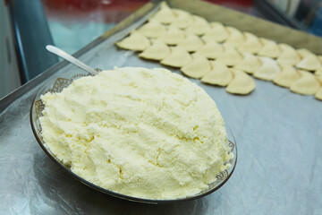 Ingredients for making dumplings, ravioli or khinkali with cottage cheese. The food of various peoples is dough with stuffing.