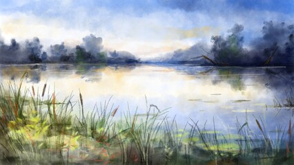 Digital painting. Watercolor landscape with lake.