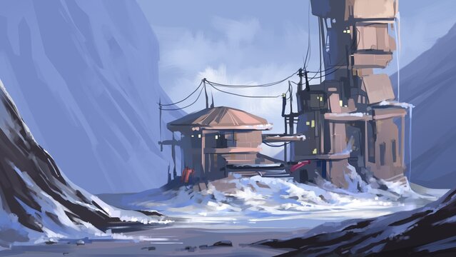 Digital painting. Landscape with a snow-covered station in the mountains.
