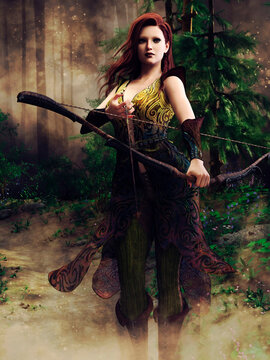 Young woman with a bow and arrow standing in front of a green tree in a dark forest. 3D render - the woman in the image is a 3D object. 