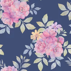 Foto auf Acrylglas Wallpaper for design, printing, packaging. Abstract bouquet of flowers. Seamless botanical pattern of peony flowers with leaves on a bright background. © Sergei