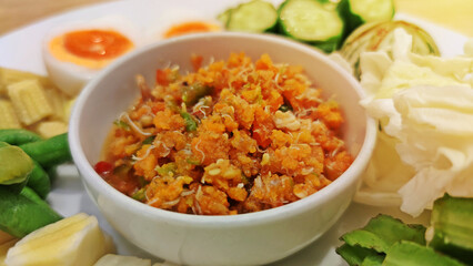 Crab’s roe chilli dip (Nahm prik kai bpuu). Authentic Thai food.