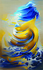 Abstract yellow-blue storm, mosaic. Illustration of a storm, tense turbulent situation, aggressive policy, revolution, patriotism. Geometric pattern in the form of a wave, swirl.