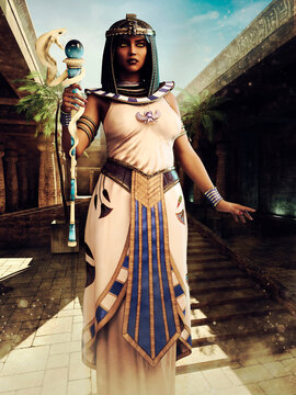 Woman in an ancient Egyptian outfit holding a snake staff and standing in front of a temple. 3D render - the woman in the image is a 3D object. 