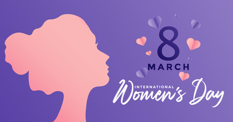 8 March International Women's Day Vector Illustration Concept. Happy Women's Day Calligraphy with Woman Head Illustration from Side View. 8 March Text Design with Purple dan Pink Love Cutout. EPS 10