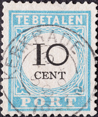 Netherlands - circa 1881 a postage stamp from the Netherlands , showing a number and cents. Postage paid . 10 cent