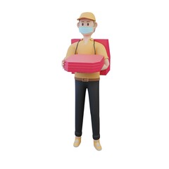 Various 3D illustration of Food delivery person with the pizza box and face mask