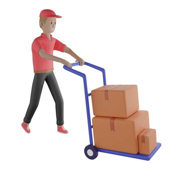 3D illustration of delivery boy moving parcel in the cart 