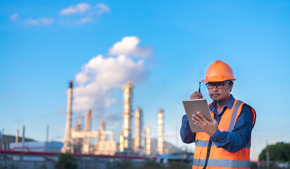 Engineer wearing safety uniform and helmet looking detail tablet on hand with oil refinery factory at background.	
