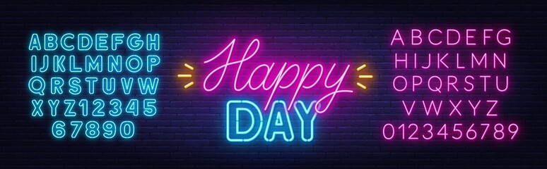 Happy Day neon lettering on brick wall background. - obrazy, fototapety, plakaty
