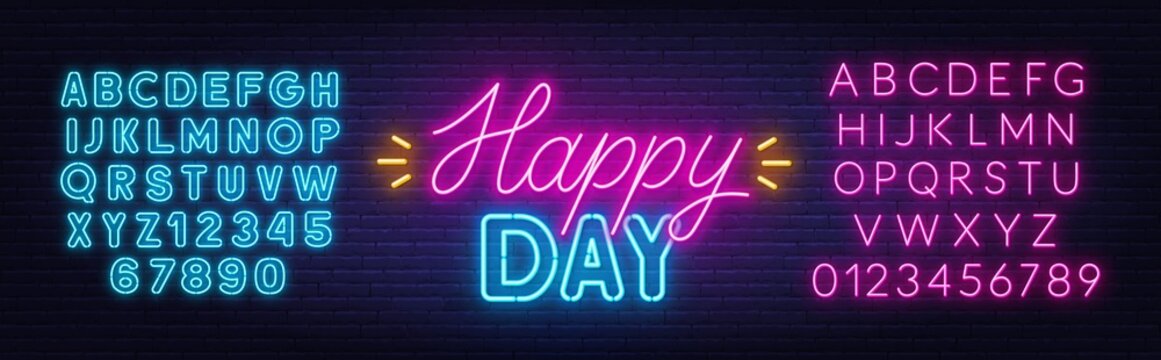 Happy Day Neon Lettering On Brick Wall Background.