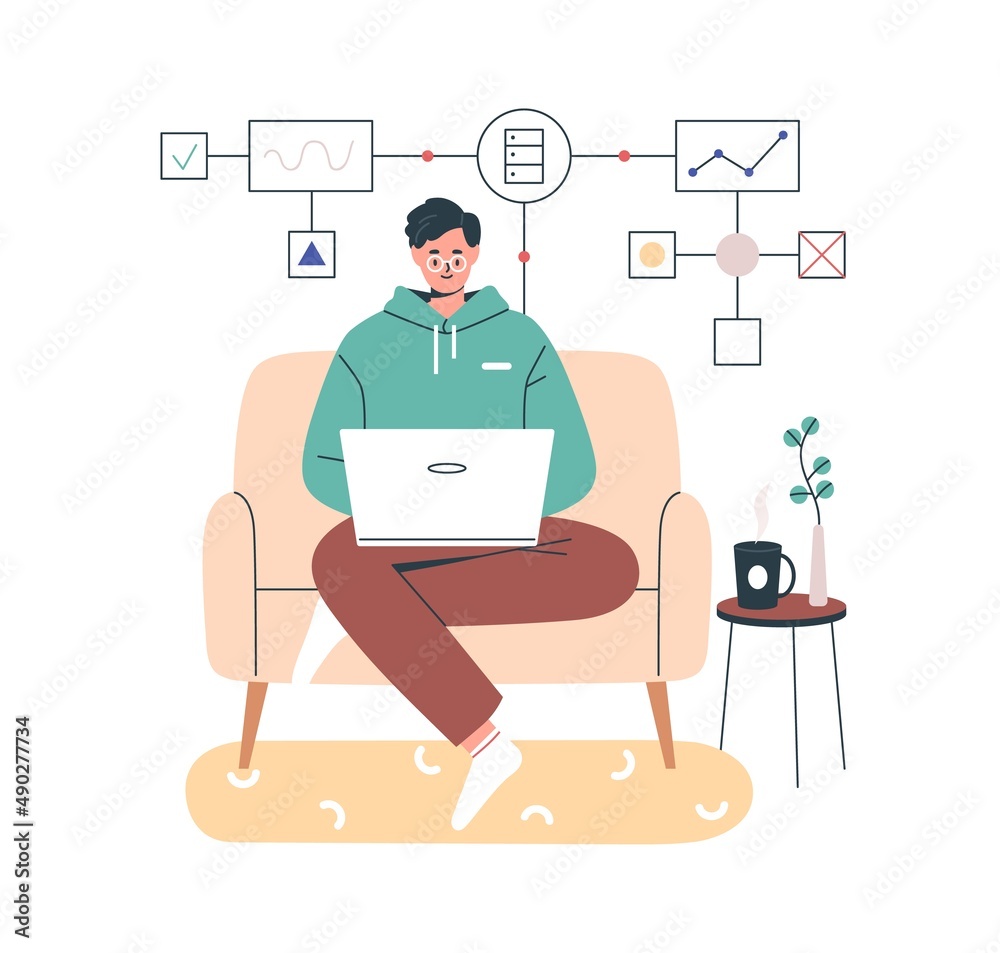 Poster Person studying programming, engineering online at home. Student developing software at laptop computer at internet course. Programmer at work. Flat vector illustration isolated on white background